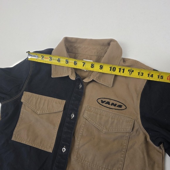 Vans Jacket Womens Small Brown Black Colorblock Twill Button Front Cropped Logo - Picture 6 of 10